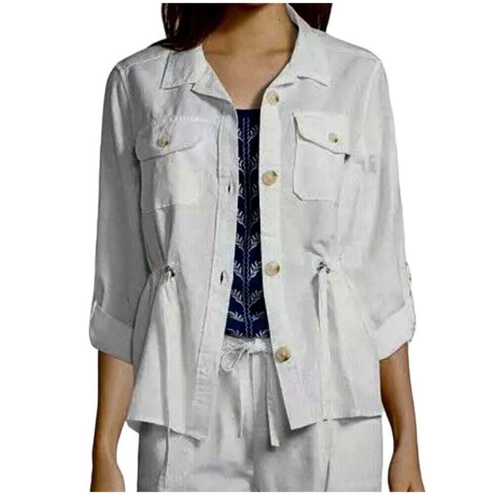 NEW! Liz Claiborne Linen Blend Safari Shirt Jacket Cinch Waist White SZ M